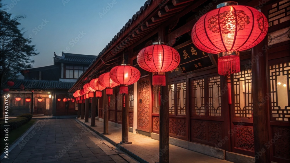 Poster an elegantly designed row of red lanterns is displayed outside a traditional building the intricate 