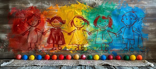 Fototapeta premium Pastel crayon doodles of children holding hands playing sports laughing together soft colors childlike strokes creating a cheerful and carefree visual providing plenty of room for text or images
