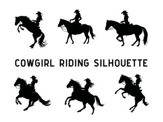 Beautiful woman Cowgirl riding a horse set with Lasso Silhouette Vector illustration 
