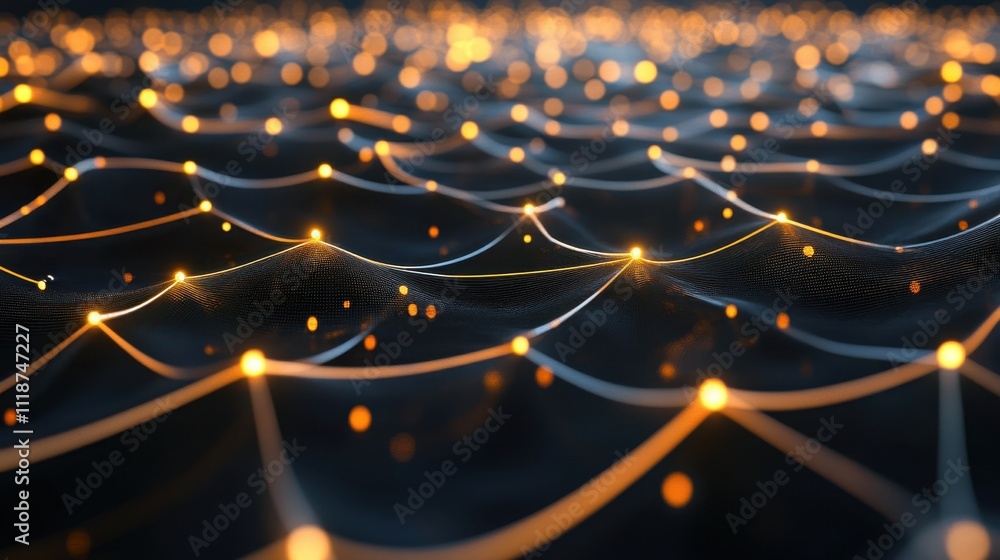 Poster abstract representation of interconnected lines and glowing nodes on a dark background.