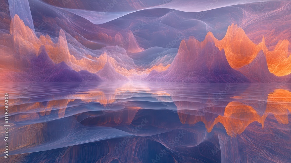 Poster a serene abstract landscape with flowing colors and reflections in a tranquil water surface.