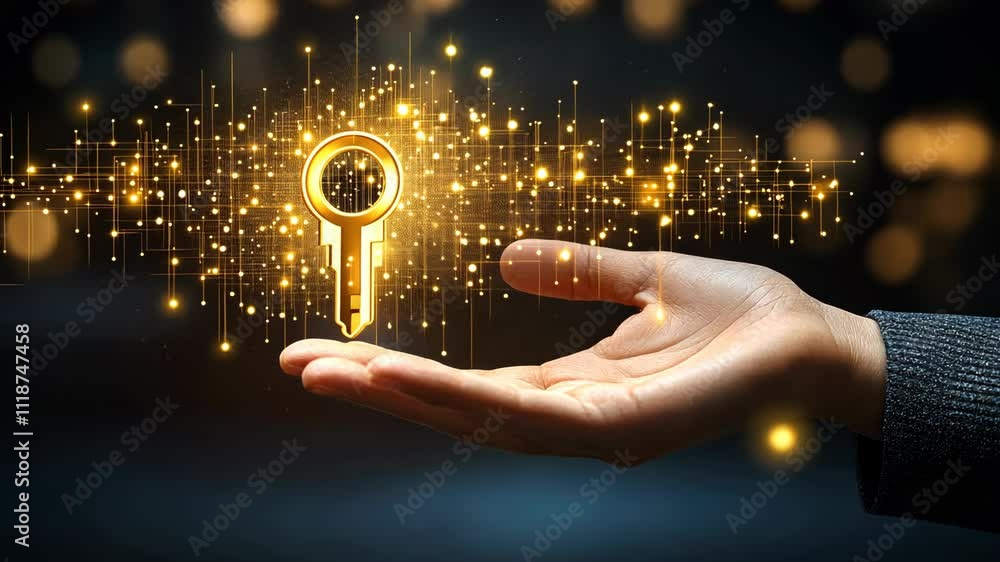 Poster golden key emerging from a hand, symbolizing security and access in a digital realm