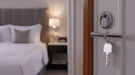 Silver house-shaped keychain hangs on door handle, with a softly blurred bedroom and Christmas tree glowing in the background
