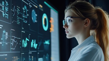 Woman Analyzing Data on a Large Screen