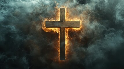 Fototapeta premium Dramatic depiction of a wooden cross surrounded by glowing smoke and illuminated by radiant light symbolizing sacrifice, faith, and divine presence