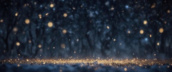 abstract winter sky with dark blue and gold particle bokeh Christmas light shine effects, bokeh, dark blue