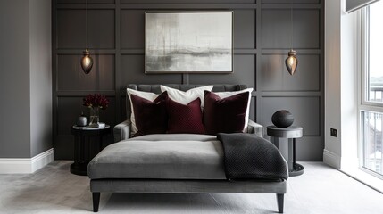 Sleek bedroom showcasing a grey chaise lounge, charcoal accent wall, and burgundy throw pillows in a contemporary setting.