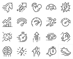 Fototapeta premium Simple set of productivity vector line icons. Contains icons such as power, speed, graph, sprint, boost, brain, gain and more. Editable stroke.
