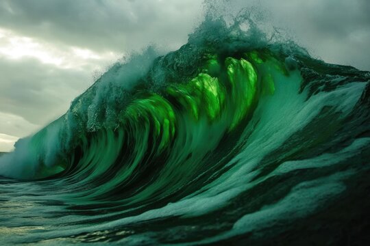 Majestic Blue Green Wave Crushing Against the Shore Under a Dramatic Sky