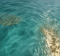 Gentle ripples of gold light on turquoise water surface with subtle blue undertones, golden light, wavy reflections