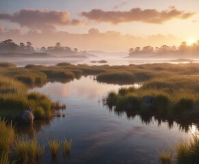 Misty saltmarsh landscape at sunrise by Tolomato River, dawn, trees
