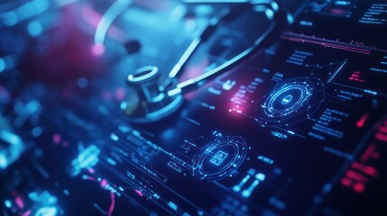 Stethoscope on futuristic medical interface.