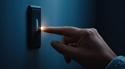 A hand gently switches off a stylish light in a minimalist home, showcasing modern design and warm interior colors in soft focus