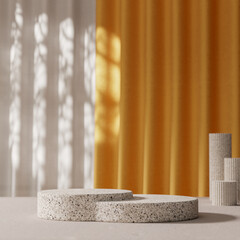 White marble Podium on a yellow curtain background for product display 3d render