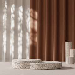 White marble Podium on a beige curtain background for product display 3d render