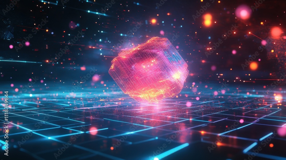 Poster a vibrant, futuristic cube floating in a digital landscape with glowing particles.