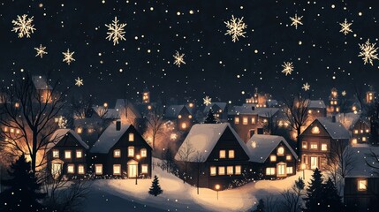 A serene winter village scene with snow-covered houses and sparkling snowflakes.