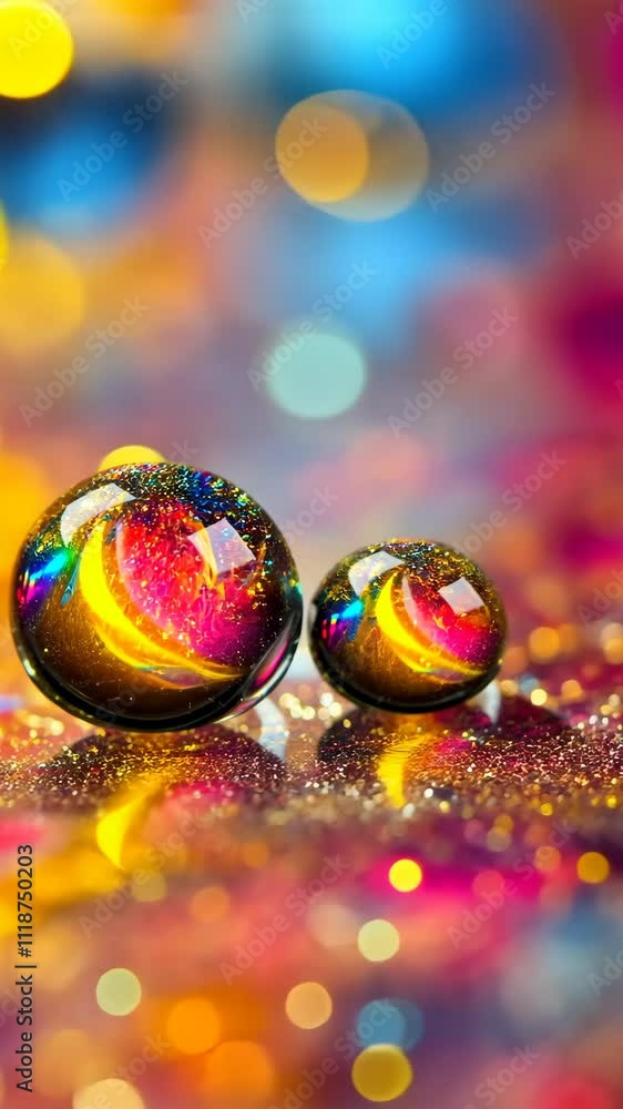 Poster colorful reflective spheres on a glittering surface create a mesmerizing visual effect with vibrant 