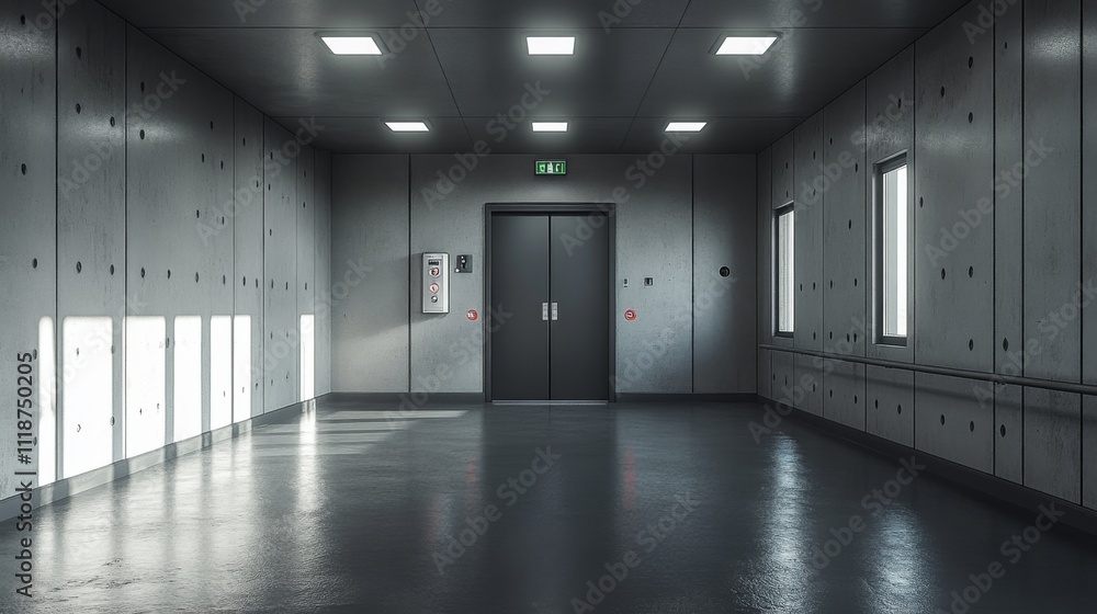 Poster a spacious hallway features smooth gray walls and fluorescent lighting. large windows allow natural 