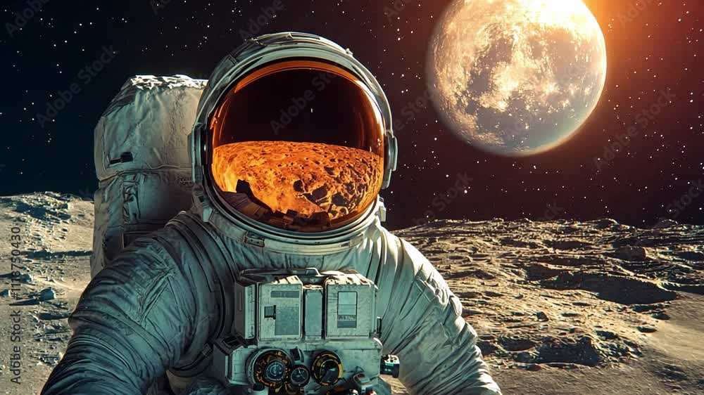Poster astronaut explores the moon's surface with earth and the moon in the background