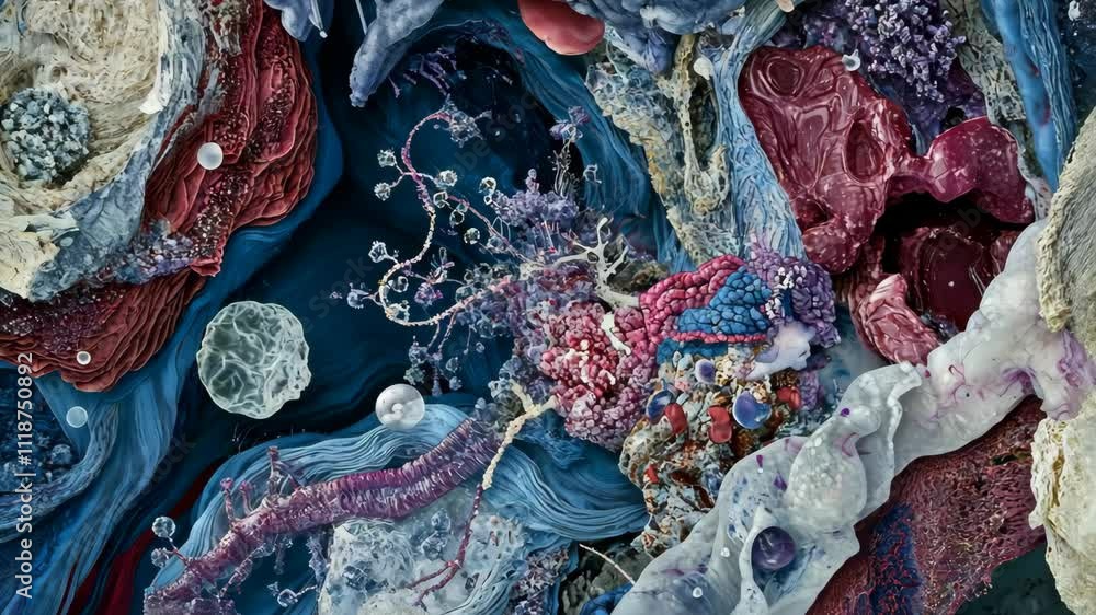 Aufkleber colorful microscopic view of cellular structures and biological materials in an abstract composition