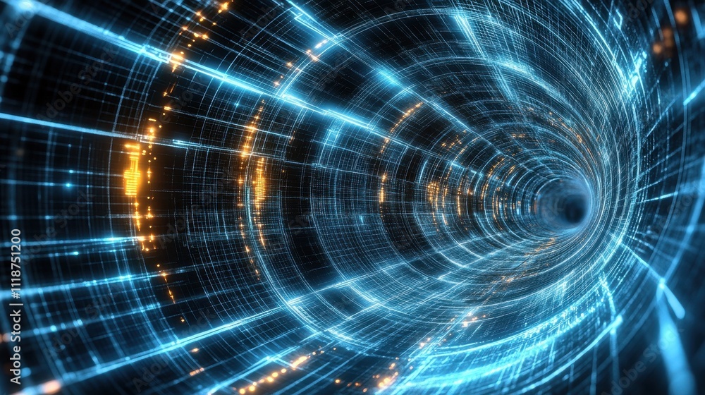Poster a digital tunnel of light representing data flow and technology concepts.