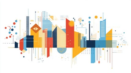 Abstract city skyline with geometric shapes and vibrant colors.