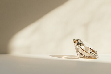 Crystal clear diamond rests on a surface illuminated by soft natural light in a minimal setting