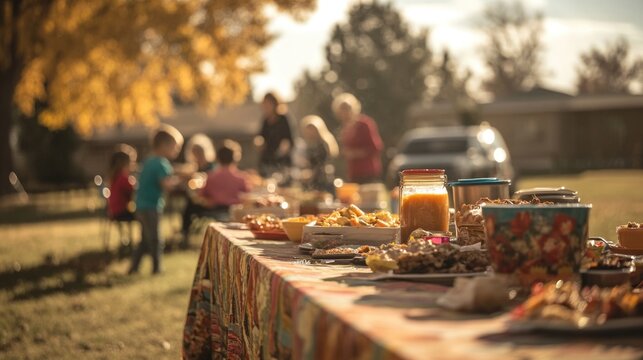 Community in harmony. A church potluck brings together families and friends, sharing food and fellowship in the afternoon sun.	
