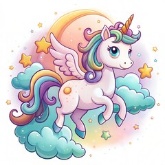 Obraz premium Cute Flying Unicorn Illustration with Pink Mane and Wings