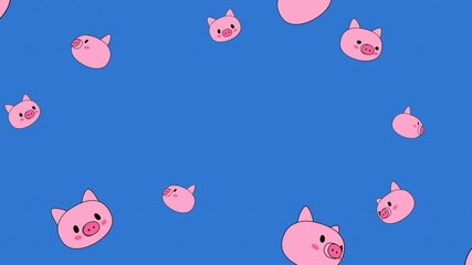 Outline cartoon animation of pigs flying toward camera. Cute piggies on a transparent alpha channel