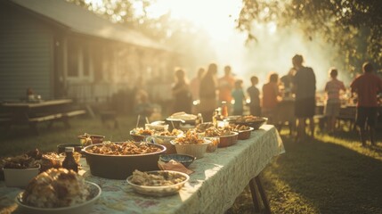 Community in harmony. The church community comes together for a potluck, where food, laughter, and conversation flow under gentle afternoon light.	