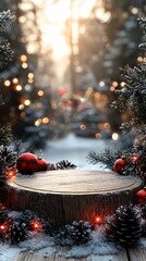 Christmas wooden podium in forest