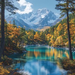 Obraz premium Stunning alpine lake reflecting vibrant autumn forest in mountain landscape scene picture