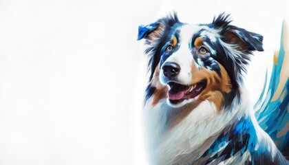 Australian Shephard artistically drawn with blues, blacks, browns