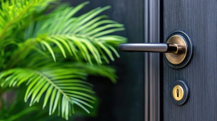 Obraz premium Close-up view of a sleek black door handle on wooden doors, with greenery in the background in a stylish interior space