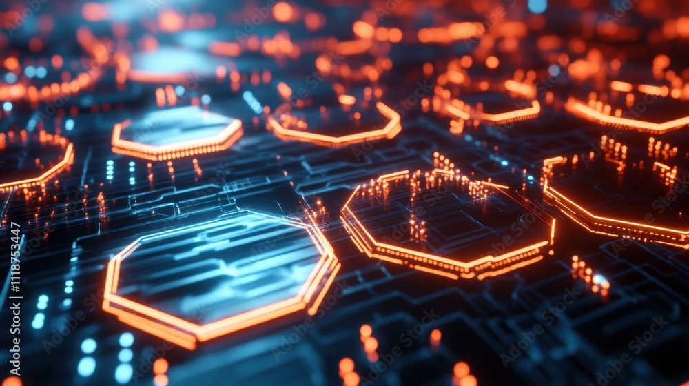 Poster a futuristic digital landscape with glowing hexagonal patterns and circuit-like designs.