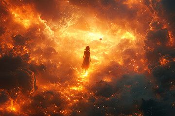Obraz premium A dreamy scene of a little girl walking on a glowing rainbow bridge, holding a floating colorful ball, surrounded by clouds and magical sunlight. 