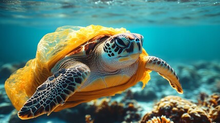 Obraz premium A sea turtle swims gracefully beneath the waves, encased in bright orange plastic, highlighting the beauty of marine life amidst environmental concerns