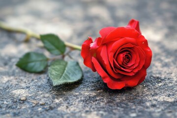 Naklejka premium Red rose lying on a textured surface with green leaves, symbolizing love and beauty on a quiet day