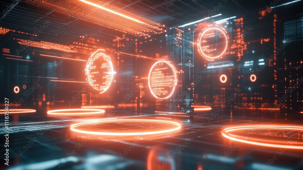 Poster a futuristic digital environment with glowing circular interfaces and data streams.