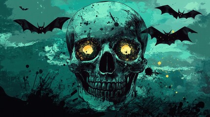 A stylized skull with glowing eyes, surrounded by bats, evoking a spooky atmosphere.
