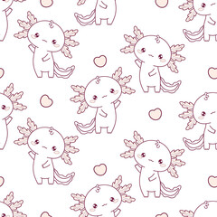 Romantic Seamless pattern cute little Axolotl. Outline drawing