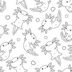 Seamless pattern cute Axolotl with heart. Outline Line drawing