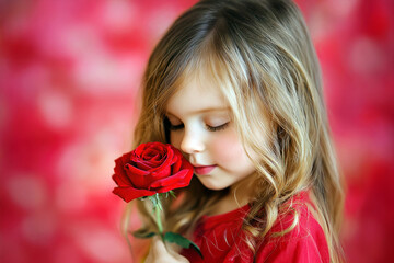 Naklejka premium Young girl with long hair holding a red rose close to her face against a vibrant background