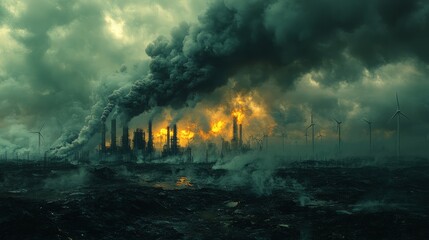 Factories emit smoke, darkening the landscape, while wind turbines rise amid environmental decay