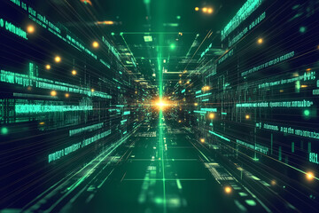 Futuristic digital code network flows through a dark space.