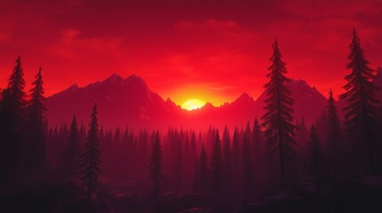 Dramatic red sunset over forest and mountains