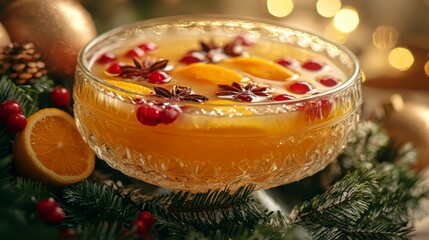 Holiday Punch in a Glass Bowl: A colorful holiday punch filled with floating fruits and spices,