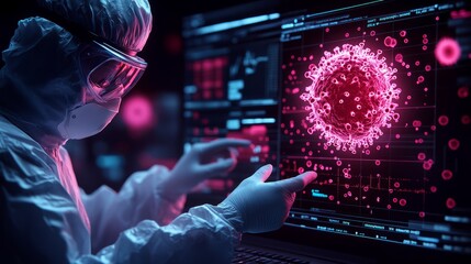 A scientist in protective gear interacts with advanced virus models, highlighting research